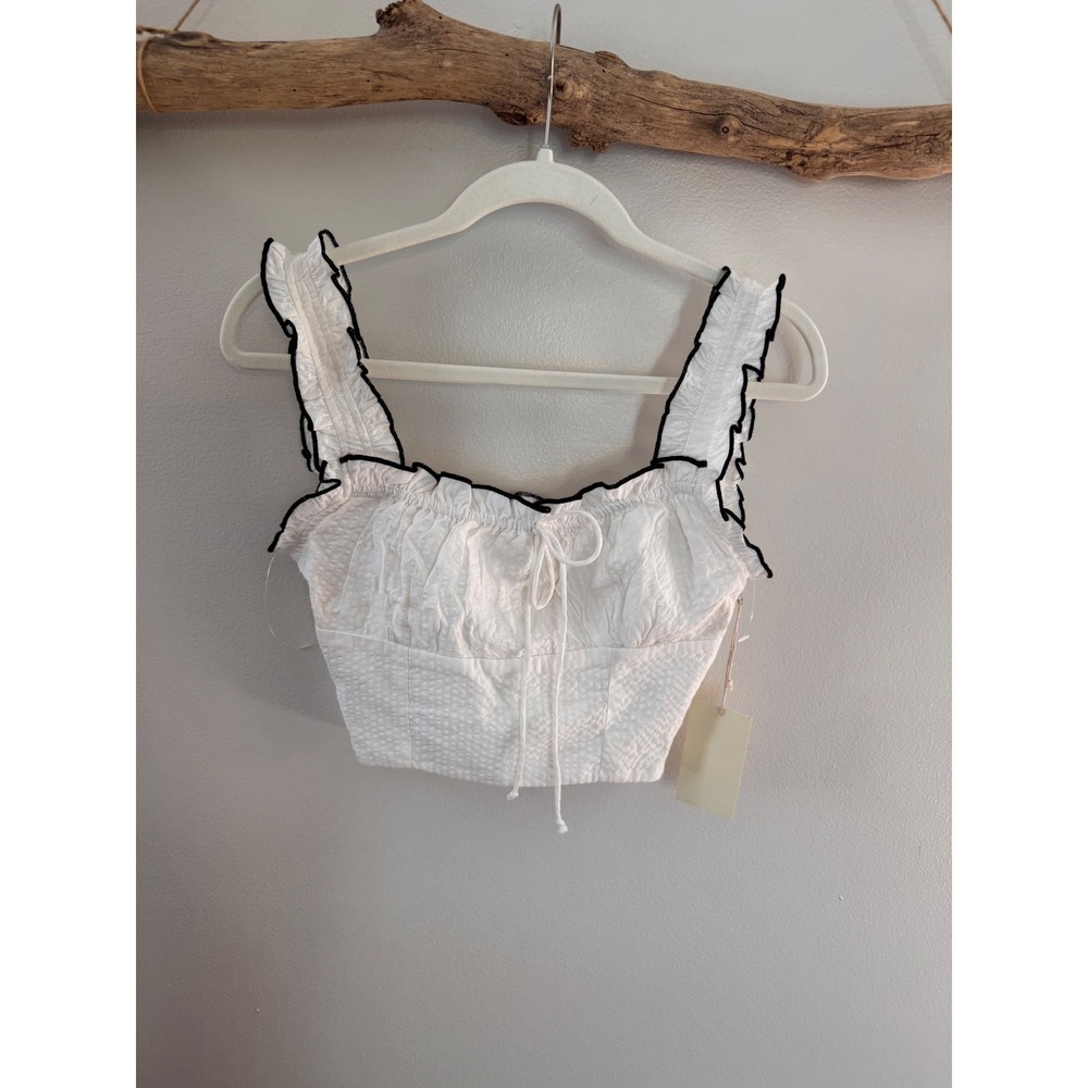 Moon Orchid White Cotton Ruffle Crop Top Black Trim Smocked Back Small NWT